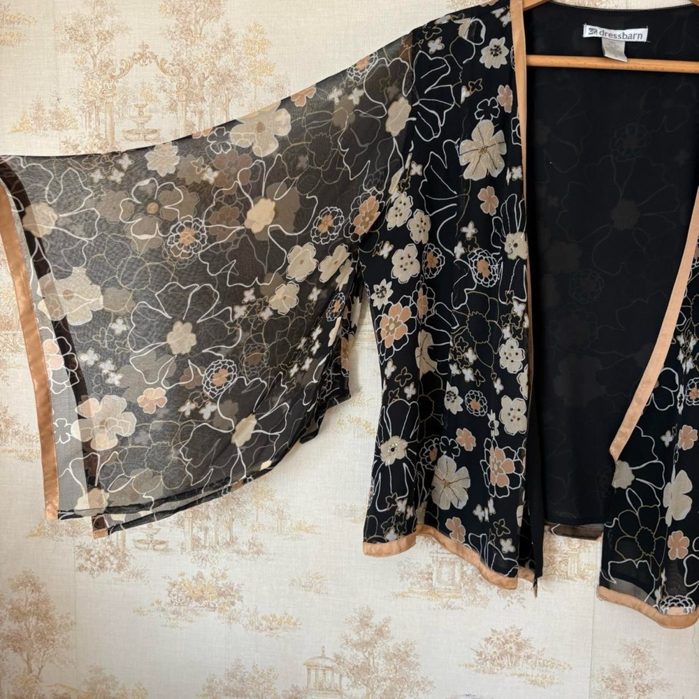 Vintage whimsigoth silk black gold floral beaded sheer bell sleeve cardigan top